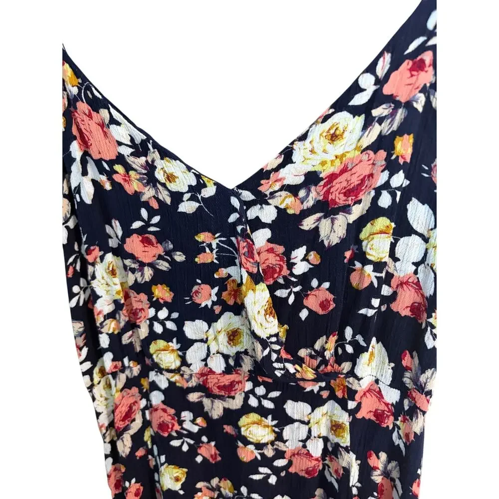 Lulus Navy Floral Maxi Dress M Sleeveless V-Neck Back Zip Side Slit Wedding